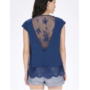 Parker Marilena Navy Blue Silk Open Back Top with Lace Underlay Sz Large